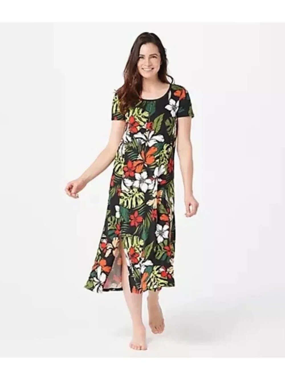 Cuddl Duds Red Aloha Floral Maxi Dress Tropical Short Sleeve 2 Side Slits, PS